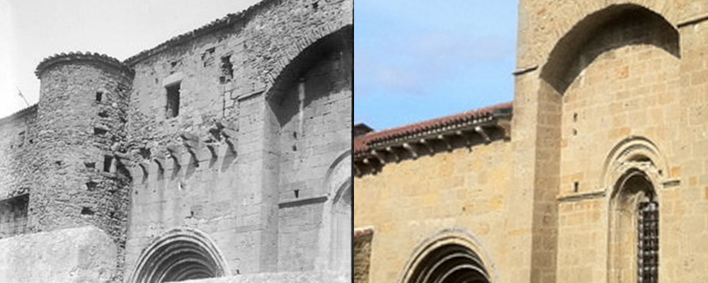 Mailhat, façade sud de l’église (1904-1905 à gauche, 2014 à droite)
